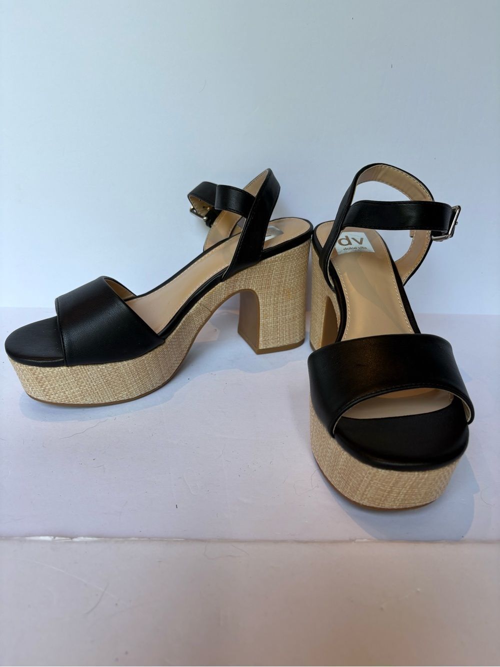 Dolce vita Black/tan Platform Block Heel Sandals with Ankle Strap nWOT Size 8.5